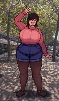 belly black_hair black_pantyhose black_shoes blue_shorts blush breasts chainsaw_man closed_eyes commentary english_commentary fat fat_woman full_body fupa higashiyama_kobeni high-waist_shorts highres huge_breasts long_sleeves mole mole_under_each_eye mole_under_eye mole_under_mouth multiple_moles open_mouth pantyhose photo_background pink_sweater santanaelchan shoes short_hair shorts smile sparkle standing sweater tree twitter_username