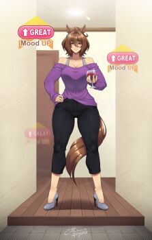 Rule 34 | 1girl, absurdres, agnes tachyon (casual) (umamusume), agnes tachyon (umamusume), ahoge, alcohol, animal ears, bare shoulders, breasts, brown hair, cleavage, collarbone, coolpsyco, cup, denim, drinking glass, full body, hair between eyes, hair ornament, high heels, highres, horse ears, horse girl, horse tail, jeans, jewelry, large breasts, lips, looking at viewer, mood (umamusume), pants, red eyes, red wine, ring, smile, solo, tail, umamusume, wedding ring, wine, wine glass