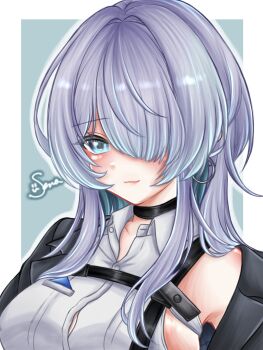 1girl bare_shoulders black_choker black_jacket blue_eyes breasts brid_(nikke) brid_(silent_track)_(nikke) button_gap chest_harness choker closed_mouth collared_shirt commentary_request earrings floating_earrings goddess_of_victory:_nikke grey_hair hair_between_eyes hair_down hair_over_one_eye harness highres jacket jacket_on_shoulders jewelry large_breasts long_hair looking_at_viewer official_alternate_costume official_alternate_hairstyle seno_(snllian) shirt sideboob sideless_shirt sidelocks signature sleeveless sleeveless_shirt solo standing upper_body white_shirt