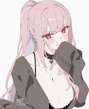 1girl asymmetrical_sidelocks black_bra black_collar blunt_bangs bra breasts cardigan cleavage collar commentary grey_cardigan grin hand_up highres hololive hololive_english kamiya_maneki lace lace-trimmed_bra lace_trim large_breasts long_hair looking_at_viewer mori_calliope pendant_collar pink_hair ponytail red_eyes sidelocks simple_background skull_belt sleeves_past_fingers sleeves_past_wrists smile solo symbol-only_commentary underwear upper_body virtual_youtuber white_background