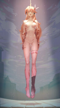 1girl after_vaginal aftersex akame_ga_kill! asphyxiation breasts chelsea_(akame_ga_kill!) cum cum_in_pussy death feather_hair_ornament hair_ornament hanged headset long_hair medium_breasts necrophilia nude orange_hair point_(artist) red_eyes tongue tongue_out wounds