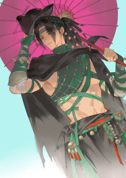 1boy abs absurdres bell black_hair bracer chinese_clothes chinese_commentary commentary_request fox_mask highres holding holding_umbrella looking_to_the_side male_focus mask ponytail revealing_clothes tattoo umbrella where_winds_meet yinglingshang