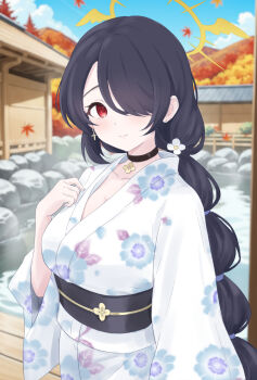1girl autumn autumn_leaves black_choker black_hair black_sash blue_archive blurry blurry_background breasts choker closed_mouth collarbone cross cross_earrings day earrings falling_leaves floral_print flower hair_flower hair_ornament hair_over_one_eye halo hand_on_own_chest hand_up highres hinata_(blue_archive) japanese_clothes jewelry kimono large_breasts leaf long_hair long_sleeves looking_at_viewer low_ponytail mountain one_eye_covered onsen outdoors pendant_choker ponytail print_kimono red_eyes rock sash solo steam swept_bangs teina upper_body very_long_hair white_kimono wide_sleeves winged_halo yellow_halo