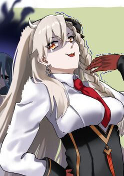 absurdres ahoge aura azrael_(grand_assassin)_(fate) blue_hair bow breasts colored_skin commentary_request corset crying crying_with_eyes_open dark_aura earrings fate/grand_order fate_(series) gloves grey_skin hair_bow hair_over_eyes hand_up highres jewelry large_breasts long_hair necktie olga_marie_animusphere olga_marie_animusphere_(unbeast) open_mouth orange_eyes red_gloves shadow shaking sharp_teeth smile tears teeth uzu_asc very_long_hair white_hair