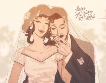 1boy 1girl aged_down amamamumu artist_name bare_shoulders black_suit closed_eyes commission day donovan_desmond dress earrings eyelashes facial_hair formal_clothes happy_birthday hetero holding_hands jewelry melinda_desmond mole mole_under_mouth mustache one_eye_closed outdoors short_hair sidelocks spy_x_family stud_earrings suit veil wedding white_dress