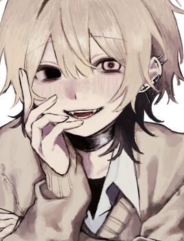 Rule 34 | 1other, androgynous, black choker, black shirt, blonde hair, cardigan, choker, collared shirt, commentary, double-parted bangs, ear piercing, fangs, hand on own cheek, hand on own face, heterochromia, highres, light smile, madai (si 202), medium hair, open mouth, original, piercing, pink eyes, portrait, shirt, simple background, solid eye, tongue piercing, white background, white shirt, yellow cardigan
