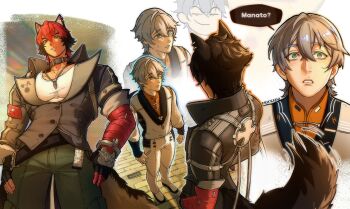 2boys absurdres animal_ears black_choker black_hair black_jacket chinese_clothes choker dog_boy dog_ears fricked0 full_body green_eyes grey_hair height_difference highres implied_yaoi jacket jewelry komano_manato looking_at_another male_focus multicolored_hair multiple_boys muscular muscular_male necklace official_alternate_costume open_clothes open_jacket pectoral_cleavage pectorals red_eyes red_hair scar scar_across_eye scar_on_face shirt short_hair tail white_shirt wise_(soaring_crane)_(zenless_zone_zero) wise_(zenless_zone_zero) zenless_zone_zero