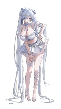 1girl absurdres alternate_costume bandeau blue_eyes blush bow breasts cinderella_(nikke) cleavage commentary_request crop_top full_body goddess_of_victory:_nikke hair_bow hair_ornament hair_over_one_eye hairclip headset high_heels highres idol kimright0 large_breasts long_hair looking_at_viewer midriff navel one_eye_covered puffy_short_sleeves puffy_sleeves short_sleeves simple_background skirt solo star_(symbol) sticker_on_leg twintails very_long_hair white_background white_bandeau white_hair white_skirt