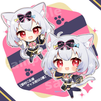 1girl :3 :d animal_ear_fluff animal_ears black_boots black_bow black_dress black_sleeves blue_bow blush boots bow breasts cat_ears cat_girl cat_tail chibi chibi_only colored_inner_hair commentary_request detached_sleeves dress fang full_body grey_hair hair_bow indie_virtual_youtuber kashiwase_karune long_sleeves looking_at_viewer multicolored_hair multiple_views nomura_nimu open_mouth outline pink_hair red_eyes sample_watermark short_hair sleeveless sleeveless_dress smile standing standing_on_one_leg tail thigh_boots twitter_username virtual_youtuber watermark white_outline yellow_bow