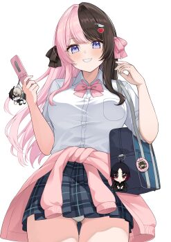 1girl absurdres alternate_costume bag blue_eyes blue_skirt blunt_bangs bow bowtie breasts brown_hair cardigan cardigan_around_waist cellphone charm_(object) clothes_around_waist commentary_request dress_shirt flip_phone grin hair_bow hair_ornament heart heart_hair_ornament highres holding holding_phone kisaragi_ren_(vspo!) knife_hair_ornament large_breasts long_hair looking_at_viewer miniskirt multicolored_hair panties pantyshot phone pink_bow pink_bowtie pink_cardigan pink_hair plaid_clothes plaid_skirt pleated_skirt school_bag school_uniform shirt short_sleeves simple_background skirt smile solo split-color_hair tachibana_hinano teeth underwear virtual_youtuber vspo! white_background white_panties white_shirt yoppy_paint