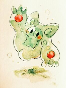 Rule 34 | :3, arm up, floating, full body, gen 5 pokemon, nintendo, no humans, non (kumakawayusu), painting (medium), pokemon, pokemon (creature), reuniclus, shadow, simple background, solid oval eyes, solo, traditional media, watercolor (medium)