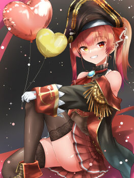 1girl absurdres anklet balloon black_boots black_hat black_thighhighs boots closed_mouth commentary_request cropped_jacket gloves hair_ribbon hat heterochromia highres holding holding_balloon hololive houshou_marine houshou_marine_(1st_costume) jacket jewelry long_hair pirate_hat red_eyes red_hair red_jacket red_ribbon red_skirt ribbon skirt sleeveless sleeveless_jacket smile solo thighhighs twintails u_da_desu virtual_youtuber white_gloves yellow_eyes zettai_ryouiki