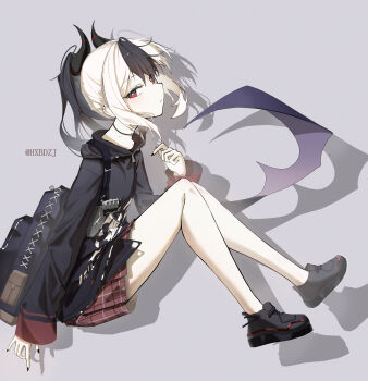1girl absurdres bag black_bag black_choker black_hair black_hoodie black_nails black_shoes blue_archive blush choker closed_mouth demon_girl demon_horns demon_wings ear_piercing from_side hair_between_eyes highres holding holding_bag hood hoodie horns hxbdzj kayoko_(blue_archive) long_hair looking_at_viewer multicolored_hair piercing plaid_clothes plaid_skirt pleated_skirt ponytail red_eyes red_skirt shoes sidelocks single_wing skirt solo two-tone_hair white_hair wings