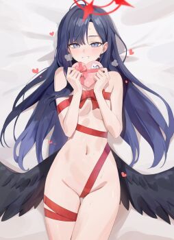 Rule 34 | 1girl, absurdres, black wings, blue archive, blue hair, blush, box, breasts, commentary request, feathered wings, gift, gift box, grin, halo, heart-shaped box, highres, holding, holding box, ichika (blue archive), looking at viewer, low wings, lying, mixed-language commentary, naked ribbon, navel, on back, rang go, red halo, ribbon, small breasts, smile, solo, thigh gap, valentine, wings