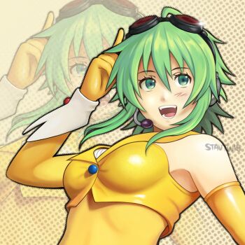 1girl :d arm_up bare_shoulders black-framed_eyewear breasts commentary cropped_vest elbow_gloves english_commentary gloves goggles goggles_on_head green_eyes green_hair gumi hair_between_eyes halftone halftone_background headset highres looking_at_viewer medium_breasts open_mouth orange_gloves photo-referenced projected_inset red-tinted_eyewear short_hair skin_tight sleeveless_vest smile solo sparkle stautwis tinted_eyewear vest vocaloid white_wrist_cuffs wrist_cuffs