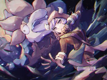 1girl breasts camerupt courtney_(pokemon) dutch_angle fake_horns gen_3_pokemon horns looking_at_viewer medium_breasts mega_camerupt mega_pokemon nintendo nyokkiri open_mouth outstretched_arm pokemon pokemon_(creature) pokemon_oras purple_eyes purple_hair red_fur signature team_magma team_magma_uniform tongue