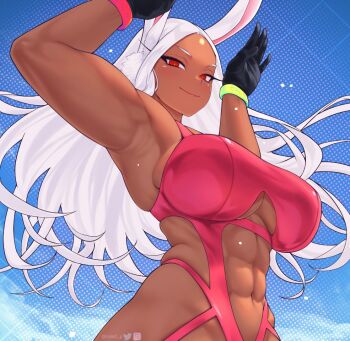 1girl abs animal_ears armpits artist_name bare_shoulders black_gloves boku_no_hero_academia breasts cleavage_cutout clothing_cutout dark-skinned_female dark_skin floating_hair gabriel_carrasquillo gloves instagram_logo large_breasts long_eyelashes long_hair looking_at_viewer mirko muscular muscular_female navel one-piece_swimsuit parted_bangs pink_one-piece_swimsuit polka_dot polka_dot_background rabbit_ears rabbit_girl rabbit_pose red_eyes skindentation smile solo stomach_cutout swimsuit twitter_logo twitter_username upper_body very_long_hair white_hair