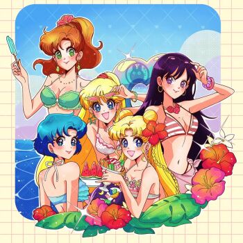 5girls adult_swim aino_minako ball beachball bikini bishoujo_senshi_sailor_moon bishoujo_senshi_sailor_moon_r bishoujo_senshi_sailor_moon_r:_the_movie bishoujo_senshi_sailor_moon_s bishoujo_senshi_sailor_moon_s_the_movie:_kaguya-hime_no_koibito bishoujo_senshi_sailor_moon_supers bishoujo_senshi_sailor_moon_supers_the_movie:_sailor_9_senshi_shuuketsu!_black_dream_hole_no_kiseki black_hair blonde_hair blue_eyes breasts brown_hair cleavage earrings flower food fruit green_eyes hair_flower hair_ornament hino_rei ice_cream jewelry kino_makoto kiwi_(fruit) kiwi_slice luna-p medium_breasts mizuno_ami momoka.draws multiple_girls orange_(fruit) orange_slice ponytail popsicle purple_eyes sunglasses swimsuit toei_company toonami towel tsukino_usagi twintails viz_media water watermelon watermelon_slice