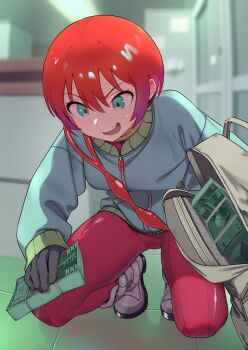 1girl absurdres amate_yuzuriha aqua_eyes backpack bag banknote black_gloves burglar gloves gundam gundam_gquuuuuux highres holding holding_bag indoors money pants red_hair red_pants short_hair squatting theft user_hegd7837