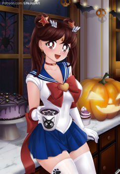 1girl :d absurdres arm_support artist_name back_bow bat_(animal) bat_ornament bishoujo_senshi_sailor_moon blue_sailor_collar blue_skirt bow breasts bright_pupils brooch brown_eyes brown_hair cake chest_bow choker circlet collarbone commentary cosplay counter cowboy_shot crescent_choker cup cupboard cupcake decorations double_bun drink earrings elbow_gloves english_commentary food gloves gold_circlet hair_bun hair_ornament halloween heart heart_brooch highres holding holding_cup indoors jack-o&#039;-lantern jewelry kitchen large_breasts leotard lifejoyart looking_at_viewer luna_(sailor_moon) magical_girl medium_hair miniskirt moon mug night open_mouth original patreon_username pleated_skirt print_cup pumpkin red_bow red_choker sailor_collar sailor_moon sailor_moon_(cosplay) sailor_senshi_uniform short_sleeves sitting skirt skull skull_ornament smile solo star_(symbol) star_earrings star_hair_ornament string_lights thighhighs twintails white_gloves white_leotard white_pupils white_thighhighs window zettai_ryouiki