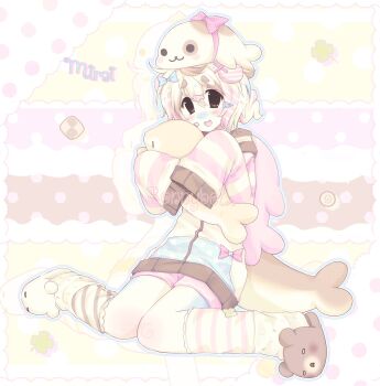 :3 animal_hair_ornament animal_slippers bandaid bandaid_on_cheek bandaid_on_face bear_slippers blue_bow blue_hair blush bow brown_background brown_eyes brown_leg_warmers brown_slippers character_hair_ornament checkerboard_cookie clover commentary cookie dot_nose english_commentary food four-leaf_clover freckles gender_request hair_ornament hairclip highres jacket jelly_(bonnybel) knee_blush leg_warmers long_sleeves mamegoma_(san-x) mimi_(bonnybel) multicolored_hair multicolored_leg_warmers neapolitan_palette open_mouth original pink_background pink_hair pink_leg_warmers pink_shorts polka_dot polka_dot_background polka_dot_bow san-x seal_(animal) seal_hair_ornament seal_tail sharp_teeth shorts slippers solo sprinkles stuffed_animal stuffed_seal stuffed_toy teeth thick_eyebrows two-tone_leg_warmers white_background yellow_background yellow_jacket yellow_leg_warmers yellow_slippers