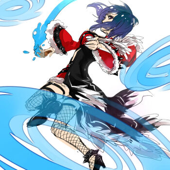 1girl black_coat black_shoes blue_hair breasts coat commentary_request fishnet_thighhighs fishnets from_behind full_body fur-trimmed_sleeves fur_trim high_heels holding holding_paintbrush jumping looking_at_viewer medium_breasts miniskirt official_alternate_costume paint paintbrush purple_eyes ragnarok_online red_skirt shadow_chaser_(ragnarok_online) shoes short_hair skirt solo spiked_anklet thigh_strap thighhighs toriria white_background