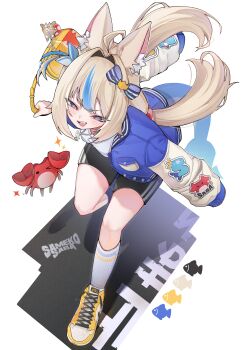 1girl absurdres ahoge alternate_costume animal_ear_fluff animal_ears bag black_shorts blonde_hair blue_bow blue_eyes blue_jacket blue_streaks blush bow cat_ears character_name commentary crab doom_yorusen fang fins fish fish_girl fish_tail from_above full_body hair_bow hair_intakes highres holding holding_bag indie_virtual_youtuber jacket kaniki_(sameko_saba) lifebuoy_hair_ornament long_hair long_sleeves looking_at_viewer low_twintails multicolored_hair open_clothes open_jacket open_mouth paper_boat sameko_saba shirt shoes shorts simple_background sneakers socks standing streaked_hair striped_bow tail twintails virtual_youtuber white_background white_bow white_shirt white_socks yellow_bag yellow_shoes