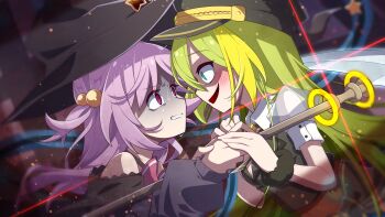 2girls absurdres alina_gray distress face-to-face green_eyes green_hair hat highres holding holding_hands holding_scythe long_hair magia_record:_mahou_shoujo_madoka_magica_gaiden mahou_shoujo_madoka_magica megitti misono_karin multiple_girls pink_hair purple_eyes scythe witch_hat