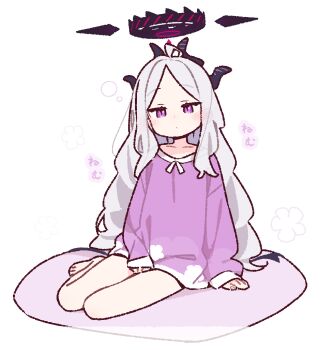 Rule 34 | 1girl, ahoge, black halo, blue archive, blush, commentary request, demon girl, demon horns, demon wings, halo, hina (blue archive), horns, long hair, looking at viewer, low wings, purple eyes, sitting, solo, very long hair, white hair, wings, yoru nai