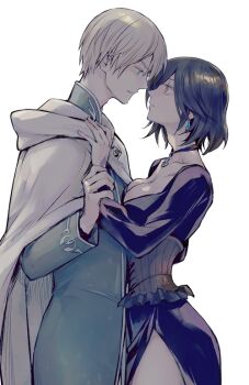 1boy 1girl black_hair breasts cape cleavage closed_mouth dress earrings grel_(r6hgvu5) jewelry octopath_traveler octopath_traveler_ii short_hair simple_background temenos_mistral throne_anguis white_background white_hair