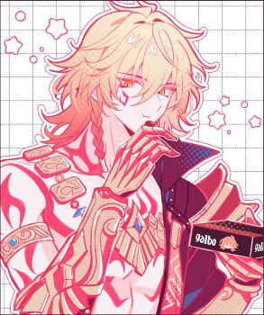 1boy 4k10r1 arm_tattoo armlet blonde_hair box braid cheek_tattoo chest_tattoo clawed_gauntlets closed_mouth eating food gold_armlet gold_necklace grid_background hair_between_eyes hair_intakes highres holding holding_box holding_food honkai:_star_rail honkai_(series) jewelry long_hair looking_at_viewer male_focus mydei_(honkai:_star_rail) necklace portrait red_tattoo side_braid solo star_(symbol) tattoo white_background yellow_eyes