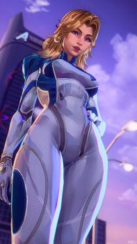 1girl 3d blonde_hair blue_bodysuit blue_eyes bodysuit breasts building cloud fantastic_four from_below highres keu3d long_hair looking_at_viewer marvel marvel_rivals medium_breasts multicolored_bodysuit outdoors skyscraper solo sue_storm two-tone_bodysuit white_bodysuit