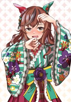 Rule 34 | 1girl, animal ears, blush, bow, breasts, brown eyes, brown hair, commentary request, ear covers, floral print, floral print kimono, flower, green kimono, highres, horse ears, horse girl, japanese clothes, kimono, long hair, long sleeves, looking at viewer, medium hair, mismatched ear covers, multicolored hair, nice nature (converging wishes) (umamusume), nice nature (umamusume), official alternate costume, official alternate hairstyle, open mouth, print kimono, red skirt, skirt, solo, streaked hair, striped clothes, striped kimono, sweatdrop, umamusume, vertical-striped clothes, vertical-striped kimono, youai you