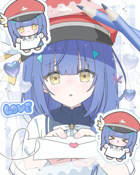 Rule 34 | > <, 1girl, anemoi, blue hair, blunt bangs, blush, blush stickers, chibi, chibi inset, commentary request, dress, english text, eyes visible through hair, flying sweatdrops, hands up, haruchimo, hat, heart, heart of string, highres, holding, holding letter, letter, long hair, looking at viewer, love letter, low twintails, nose blush, open mouth, peaked cap, red hat, school uniform, shirato koyomi, simple background, solo, straight-on, twintails, upper body, white background, white dress, yellow eyes