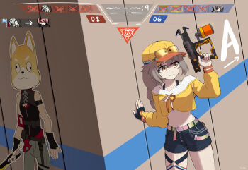 2girls baseball_cap black_gloves black_shirt bobblehead brown_hair closed_mouth commentary cropped_jacket fingerless_gloves flamethrower gameplay_mechanics gloves hashtag-only_commentary hat hiding highres holding holding_sword holding_weapon jacket kokona_(rockin'_duck)_(strinova) kokona_(strinova) long_hair mara_(strinova) multiple_girls nervous pants shirt shorts single_glove sleeveless sleeveless_shirt strinova sword user_interface weapon yellow_eyes yellow_hat yellow_jacket yuitak