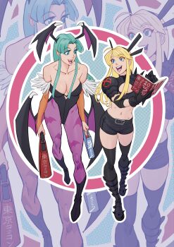 2girls acecore2k animal_print armor bare_shoulders bat_print bat_wings black_gloves black_leotard blonde_hair blue_eyes breasts bridal_gauntlets cleavage clothing_cutout commentary crop_top crossover darkstalkers demon_girl english_commentary gloves green_eyes green_hair head_wings highres large_breasts leotard long_hair magik_(x-men) marvel marvel_vs._capcom midriff morrigan_aensland multiple_girls new_mutants pantyhose print_pantyhose purple_pantyhose short_shorts shorts smile spikes wings x-men