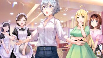 5girls :d ^_^ ahoge black_bow black_hair black_hairband blonde_hair blue_eyes blue_pants bow bow_hairband breast_pocket breasts brown_hair choker cleavage closed_eyes collarbone denim dress floral_print floral_print_skirt game_cg green_choker green_dress green_eyes green_skirt hair_bow hairband holding holding_tray indoors jeans large_breasts long_hair looking_at_another maid_cafe marie_mahler medium_breasts multiple_girls non-web_source official_art open_mouth otori_ai pants pink_shirt pleated_skirt pocket print_skirt puffy_short_sleeves puffy_sleeves purple_eyes ribbed_shirt shirt short_sleeves skirt smile sparkle tachibana_nana three-quarter_sleeves tray white_shirt yellow_eyes yumeutsutsu_re:master