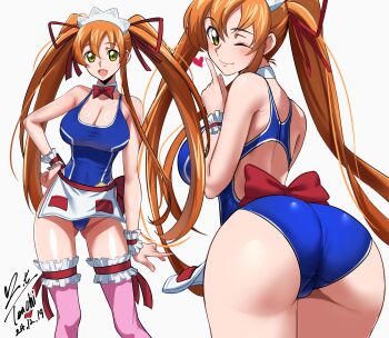 1girl :d ;) apron ashford_academy_swimsuit ass breasts code_geass commentary_request commission competition_swimsuit green_eyes hand_on_own_hip highleg highres large_breasts long_hair looking_at_viewer multiple_views official_alternate_costume one-piece_swimsuit one_eye_closed open_mouth orange_hair paid_reward_available pink_thighhighs pixiv_commission shiny_skin shirley_fenette smile swimsuit thighhighs thighs twintails waitress white_background yoo_tenchi
