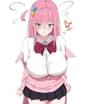 1girl absurdres black_skirt blue_eyes blush bocchi_the_rock! bow bowtie breasts button_gap chinese_commentary chuizi closed_mouth collared_shirt commentary cube_hair_ornament gotoh_hitori hair_between_eyes hair_ornament heart highres huge_breasts jacket long_hair long_sleeves looking_at_viewer one_side_up pink_bow pink_bowtie pink_hair pink_jacket pleated_skirt pout shirt simple_background skirt sleeves_past_wrists solo thighs track_jacket white_background white_shirt