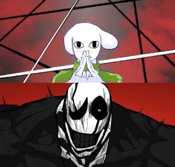 2boys animal_ears black_eyes commentary english_commentary furry furry_male goat_boy goat_ears green_sweater highres ileum21706613 jujutsu_kaisen multiple_boys steepled_fingers sweater teeth togore_dreemurr undertale utdr_(toby_fox) w.d._gaster