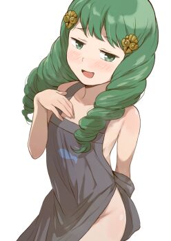 1girl apron arm_behind_back bare_shoulders black_apron blush breasts collarbone commentary drill_hair fire_emblem fire_emblem:_three_houses fish flayn_(fire_emblem) green_eyes green_hair groin hand_on_own_chest kuhuku006f86 looking_at_viewer naked_apron nintendo sleeveless small_breasts smile twin_drills