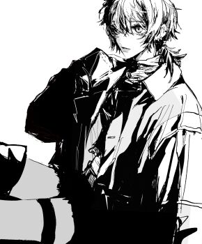 1other closed_mouth collared_jacket ear_piercing greyscale hair_between_eyes hand_up highres jacket long_sleeves looking_ahead monochrome open_clothes open_jacket original piercing short_hair simple_background sitting sketch solo teeniika thigh_strap white_background