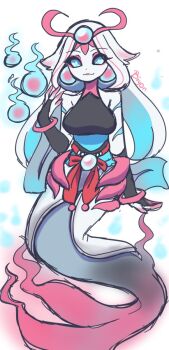 Rule 34 | 1girl, bare shoulders, biyon tran, black bridal gauntlets, black dress, blue eyes, blue gem, blue hair, breasts, bridal gauntlets, closed mouth, colored inner hair, colored skin, commentary, dress, english commentary, full body, gem, hand up, highres, hitodama, large breasts, league of legends, long hair, looking at viewer, multicolored hair, nami (league of legends), simple background, sketch, sleeveless, sleeveless dress, smile, solo, two-tone hair, white background, white hair, white skin