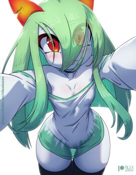 1girl artist_name bare_shoulders black_choker black_thighhighs bottomless breasts choker closed_mouth collarbone covered_erect_nipples cowboy_shot crack eyes_visible_through_hair female_focus gen_3_pokemon green_hair green_trim hair_over_one_eye incoming_hug kirlia long_hair long_sleeves nintendo no_bra off_shoulder one_eye_covered oversized_clothes oversized_shirt patreon_logo patreon_username pokemon pokemon_(creature) rilex_lenov see-through_silhouette shirt sidelocks simple_background small_breasts solo standing straight-on thigh_gap thighhighs tongue tongue_out watermark web_address white_background white_shirt wide_hips