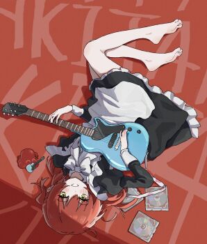 apron bare_legs barefoot bocchi_the_rock! cd cd_case green_eyes guitar highres holding holding_guitar holding_instrument instrument kita_ikuyo long_hair maid maid_apron mcwanderer red_background red_hair thighs white_apron