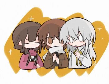 Rule 34 | 3girls, asya shubina, black shirt, braid, brown eyes, brown hair, brown jacket, bu xi xi ningmeng cha, charlotte wiltshire, chibi, chinese commentary, closed eyes, collared shirt, commentary request, cropped torso, crossover, dress shirt, hand up, hands up, hello charlotte, jacket, long hair, looking at viewer, madotsuki, multiple girls, neck ribbon, print shirt, red shirt, ribbon, scarf, shirt, short hair, sparkle, twin braids, upper body, white eyes, white hair, white scarf, white shirt, yellow background, yellow ribbon, yume nikki, z.a.t.o. // i love the world and everything in it