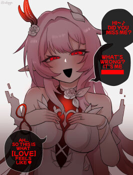 1girl absurdres bare_shoulders breasts commentary cyrene_(honkai:_star_rail) cyrene_(ripples_of_past_reverie)_(honkai:_star_rail) dress english_commentary english_text flower hair_flower hair_ornament hand_on_own_chest highres honkai:_star_rail honkai_(series) irontomb jewelry large_breasts long_hair looking_at_viewer open_mouth pink_hair pointy_ears red_eyes ring simple_background solo speech_bubble very_long_hair wedding_ring white_background white_dress wifi_saga