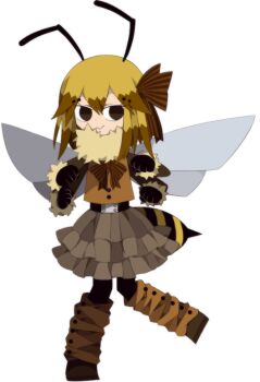abdomen_tail antennae arthropod_girl arthropod_tail bee_girl bee_wings blonde_hair bow brown_eyes brown_hair extra_arms funamusea funamusea_(artist) gloves hair_ornament hair_ribbon insect_girl insect_wings leg_warmers long_sleeves looking_at_viewer mitsuki_(funamusea) multicolored_hair official_art poison_bugs ribbon shirt shoes smile solo stinger white_background wings