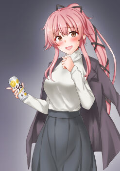 Rule 34 | 1girl, anti (untea9), black skirt, blue eyes, can, commentary request, drink can, gradient background, grey background, hair flaps, hair ribbon, highres, jacket, jacket on shoulders, kantai collection, pink hair, ponytail, ribbon, skirt, solo, standing, sweater, white sweater, yura (kancolle), yura (maizuru) (kancolle)