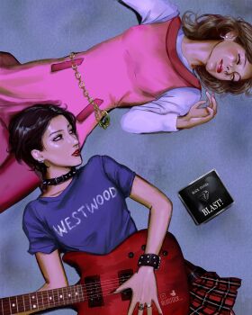 Rule 34 | 2girls, absurdres, black hair, blustock, bracelet, breasts, brown hair, cd case, closed eyes, closed mouth, commentary, dress, earrings, english commentary, fingernails, grey background, guitar, highres, holding, holding guitar, holding instrument, instrument, jewelry, komatsu nana, long fingernails, looking at another, medium breasts, medium hair, multiple earrings, multiple girls, multiple rings, nail polish, nana (series), osaki nana, parted lips, pink dress, pink lips, pink nails, plaid clothes, plaid skirt, print shirt, purple shirt, red lips, red nails, red skirt, ring, shirt, shirt under dress, short hair, skirt, smile, studded bracelet, studded choker, t-shirt, white shirt